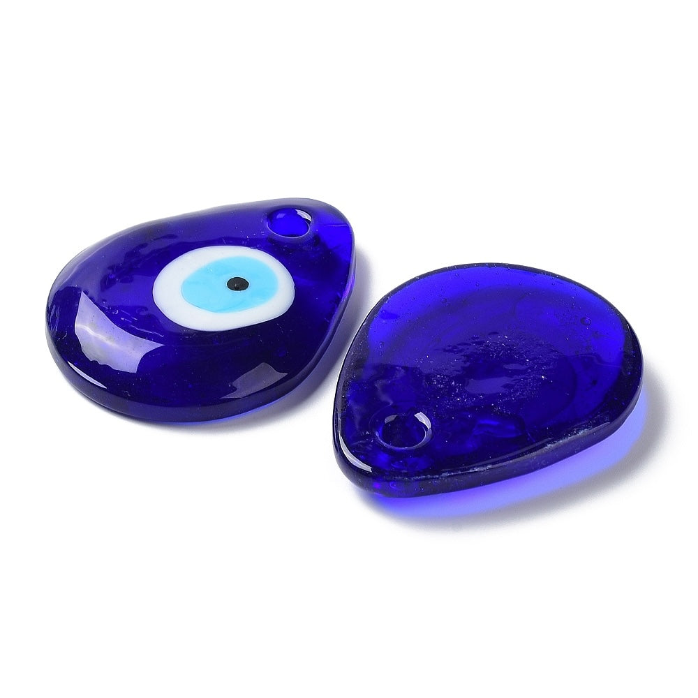 Two blue teardrop-shaped pendants with an evil eye design on a white background