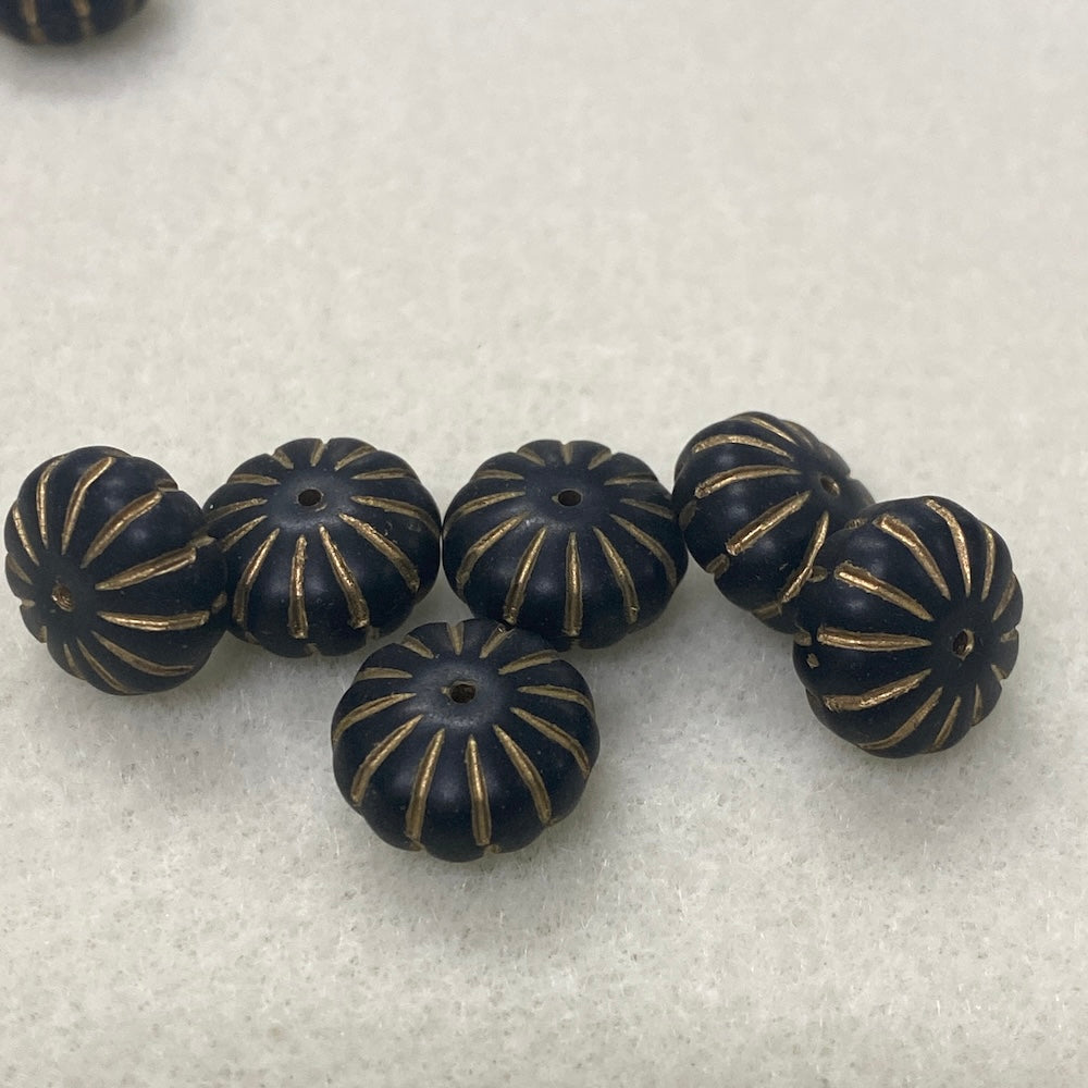 8x14mm Rondelle (10) - Black Matte w. Gold - Vintage Czech Glass Beads