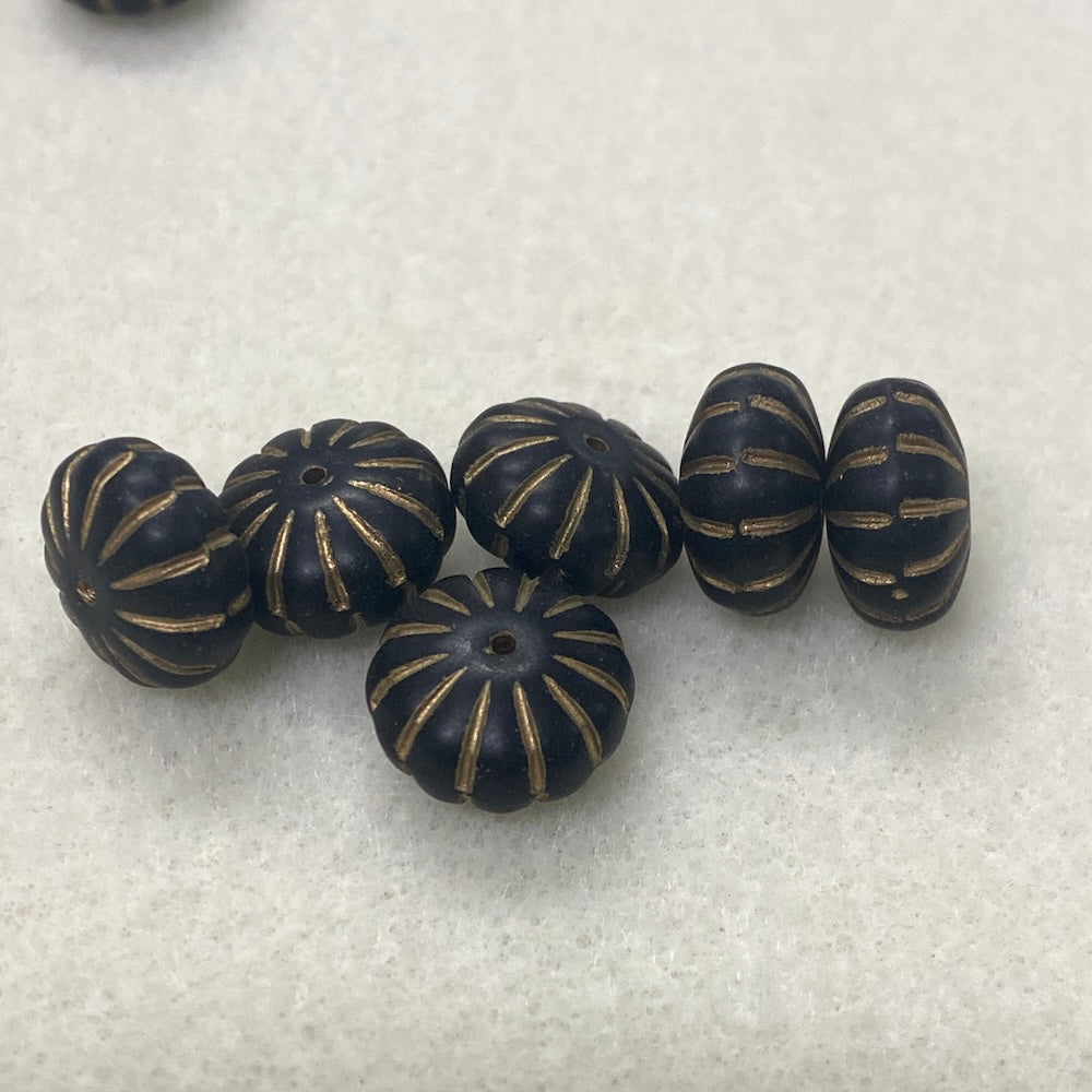 8x14mm Rondelle (10) - Black Matte w. Gold - Vintage Czech Glass Beads