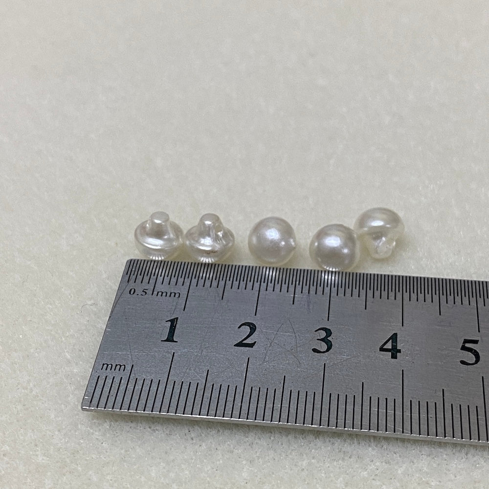Pearl buttons on a ruler for size measurement against a light gray background