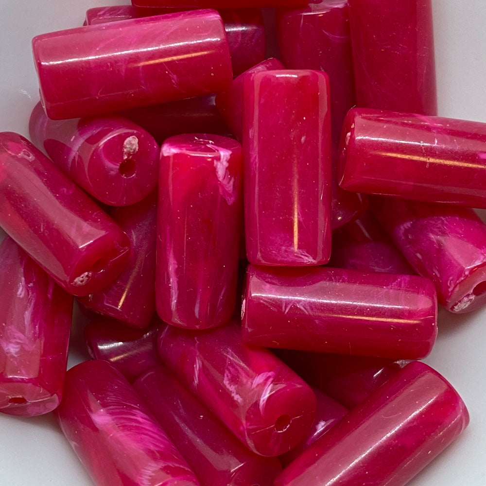 18x8mm Tube (10) - Pink - Vintage Opaque Marbled Effect Beads