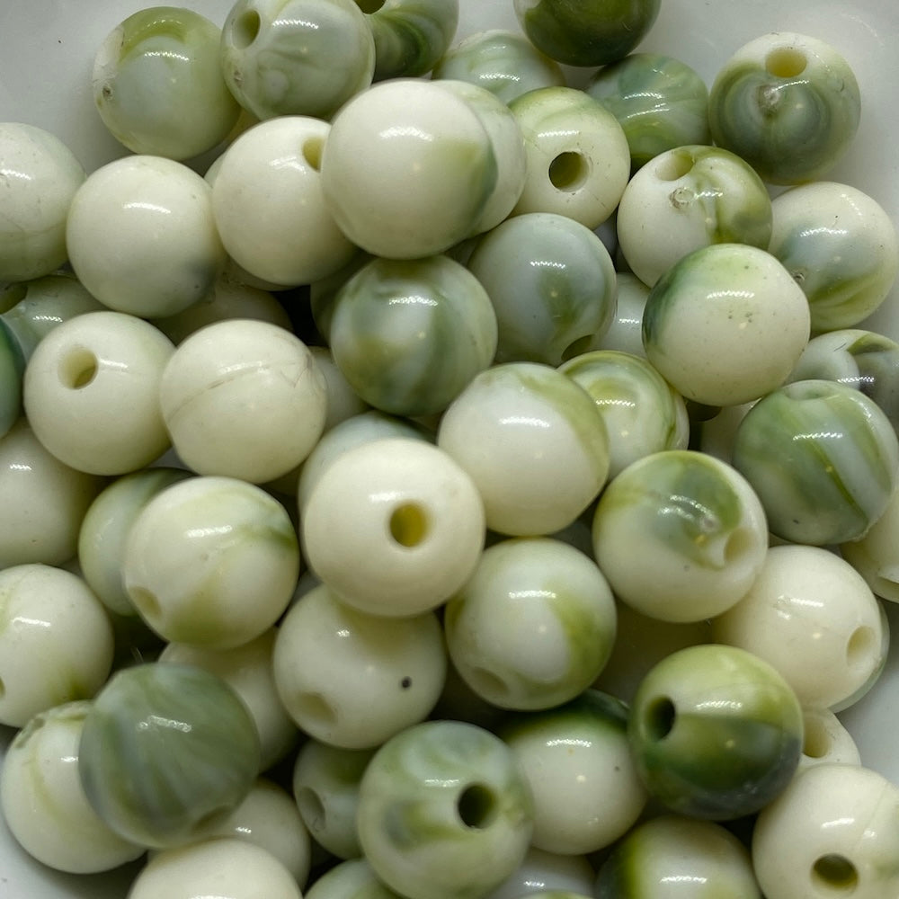 8mm Round (50) - Cream w. Sage Swirl Opaque - Vintage Lucite Beads