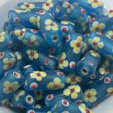 Folk Art Tube Bead (10) - Transparent Turquoise Blue w. Yellow - Vintage Handmade Glass Lampwork Beads