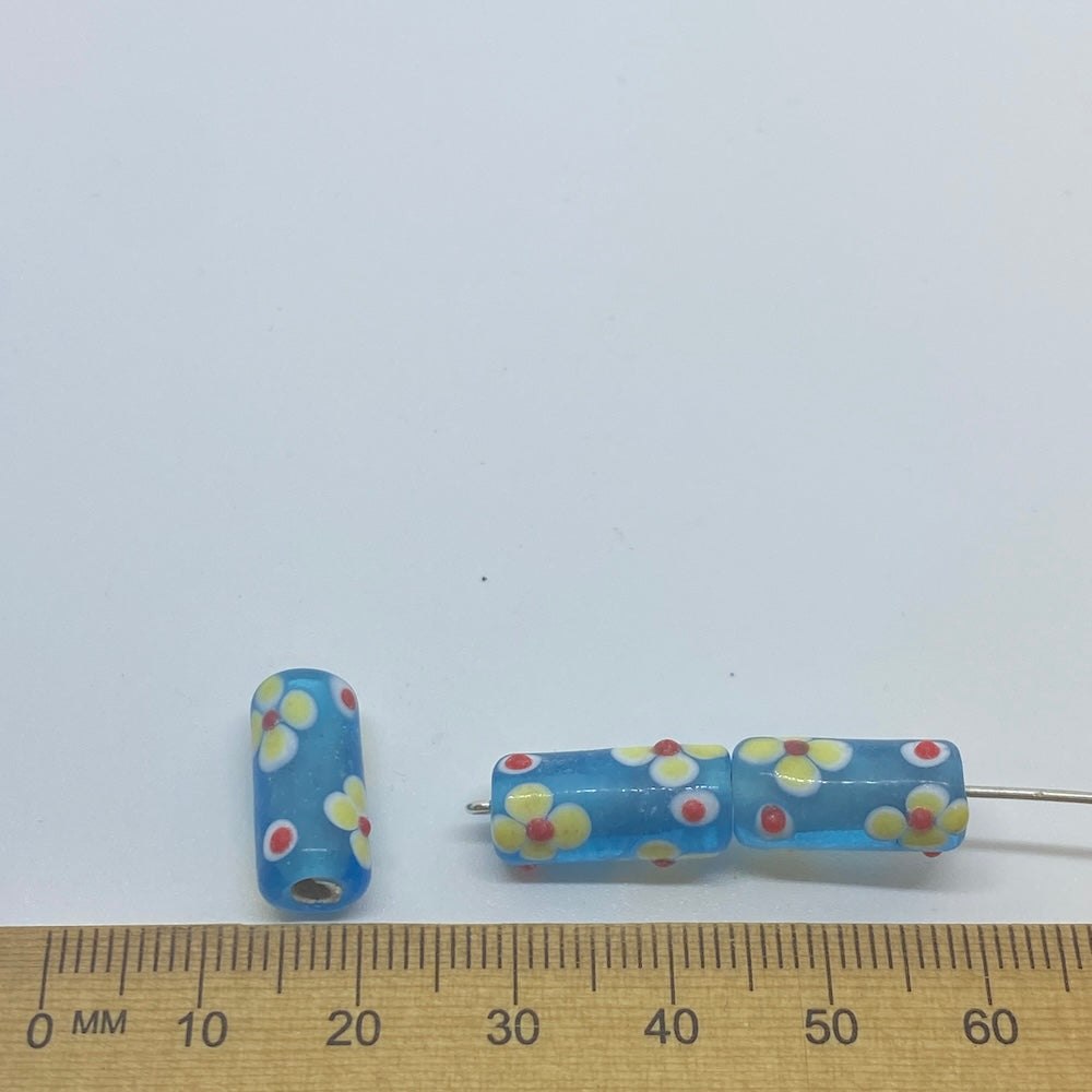 Folk Art Tube Bead (10) - Transparent Turquoise Blue w. Yellow - Vintage Handmade Glass Lampwork Beads