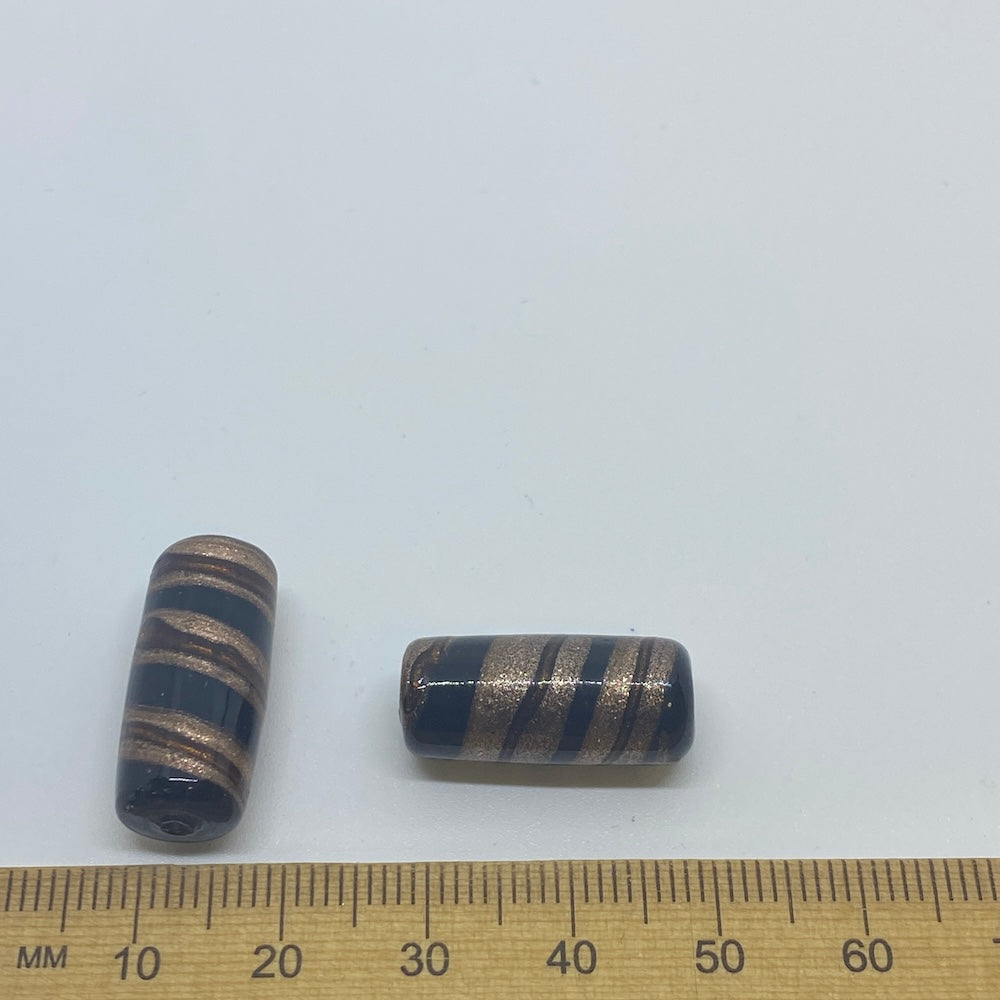 23x10mm Tube (10) - Black Opaque w. Aventurine & Red - Vintage Handmade Glass Lampwork Beads
