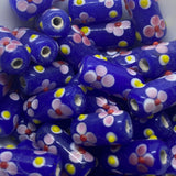 Folk Art Tube Bead (10) - Opaque Dark Blue w. Pink - Vintage Handmade Glass Lampwork Beads