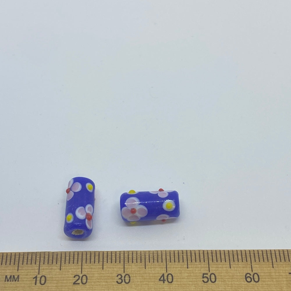 Folk Art Tube Bead (10) - Opaque Dark Blue w. Pink - Vintage Handmade Glass Lampwork Beads