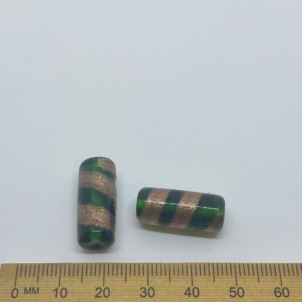 23x10mm Tube (10) - Green Transparent w. Aventurine - Vintage Handmade Glass Lampwork Beads
