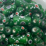 Eye Tube Bead (10) - Green Opaque w. Black - Vintage Handmade Glass Lampwork Beads