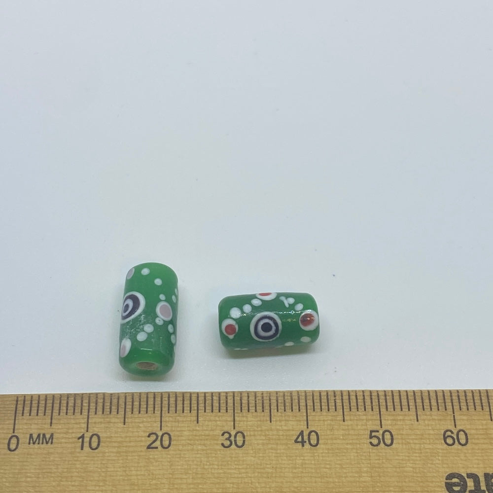 Eye Tube Bead (10) - Green Opaque w. Black - Vintage Handmade Glass Lampwork Beads