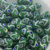 Eye Tube Bead (10) - Green Opaque w. Blue - Vintage Handmade Glass Lampwork Beads