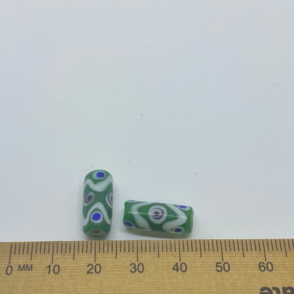 Eye Tube Bead (10) - Green Opaque w. Blue - Vintage Handmade Glass Lampwork Beads