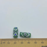 Eye Tube Bead (10) - Green Opaque w. Blue - Vintage Handmade Glass Lampwork Beads