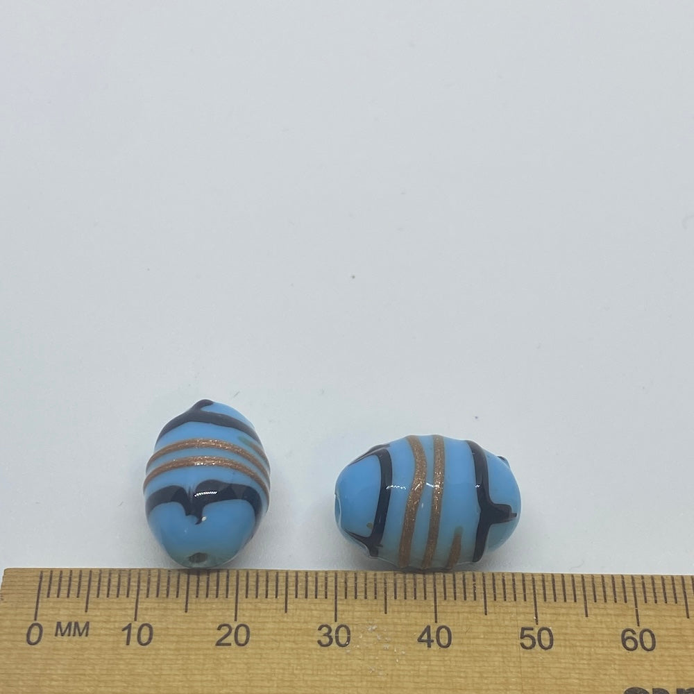 19x14mm Oval (10) - Light Blue w. Aventurine & Black - Glass Vintage Replica Trade Lampwork Beads