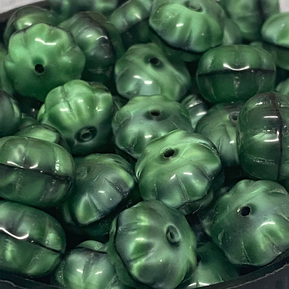 8x11mm Rondelle (10) - Green/Black Opaque - Vintage Czech Glass Beads