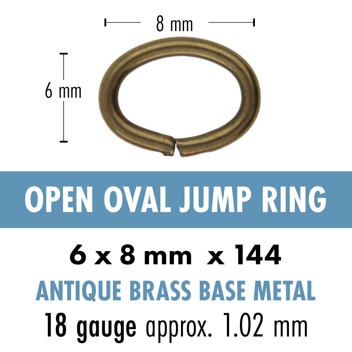 Open oval jump ring with dimensions and material details on a white background