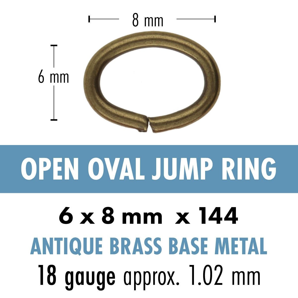 Open oval jump ring with dimensions and material details on a white background