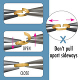 Instructions on how to properly open and close a pair of pliers with a blue border.