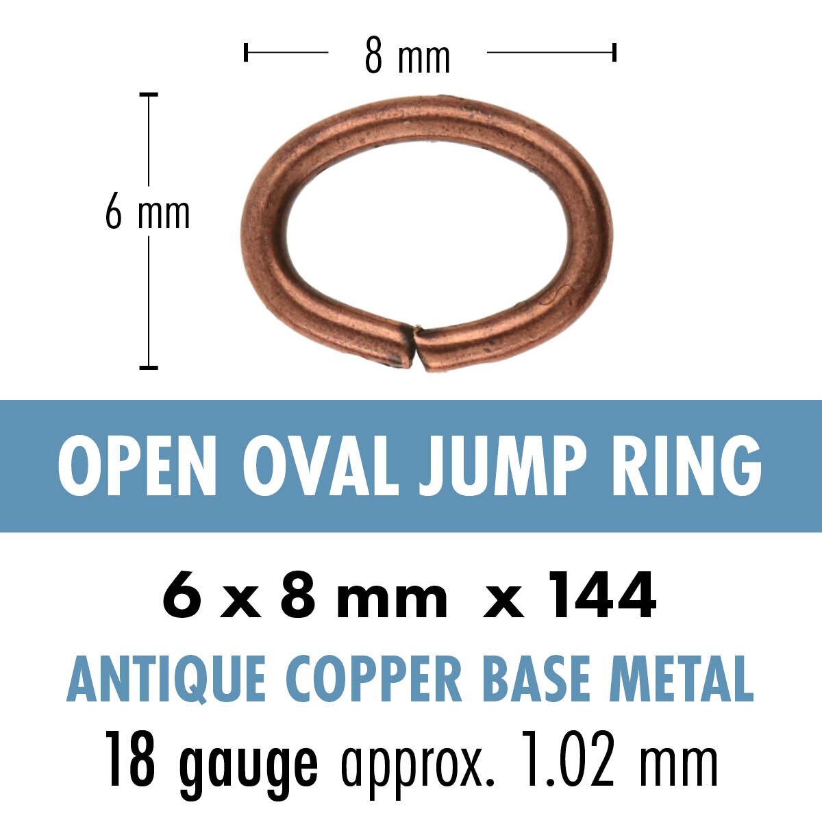 Open oval jump ring with dimensions and material details on a white background
