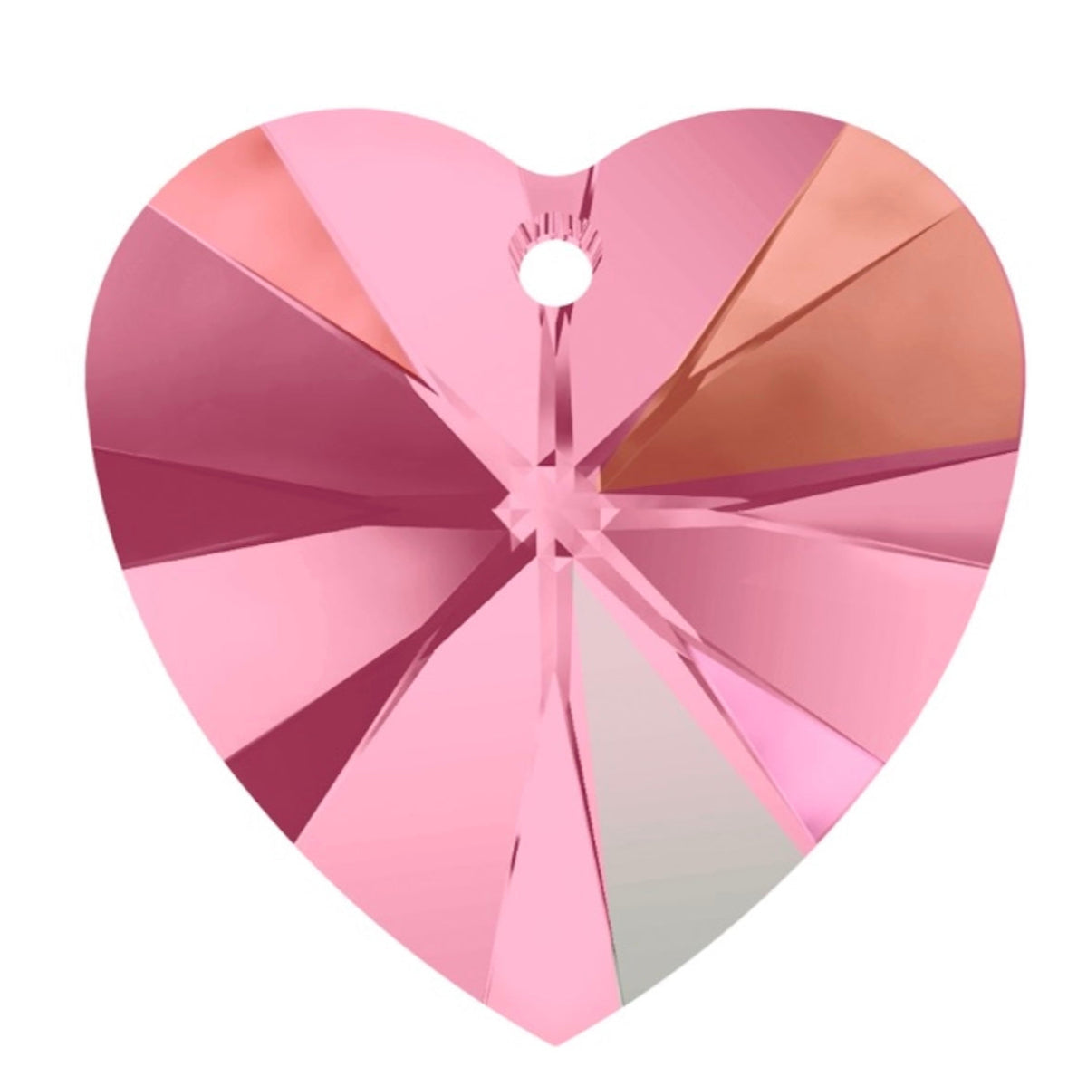Heart-shaped crystal with pink and rose gold color gradient on a white background
