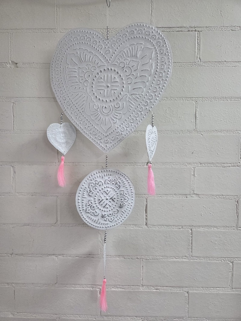 Pressed Metal Hanger Decoration - Heart - White