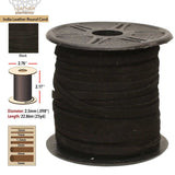 Spool of black leather round cord with specifications on a white background