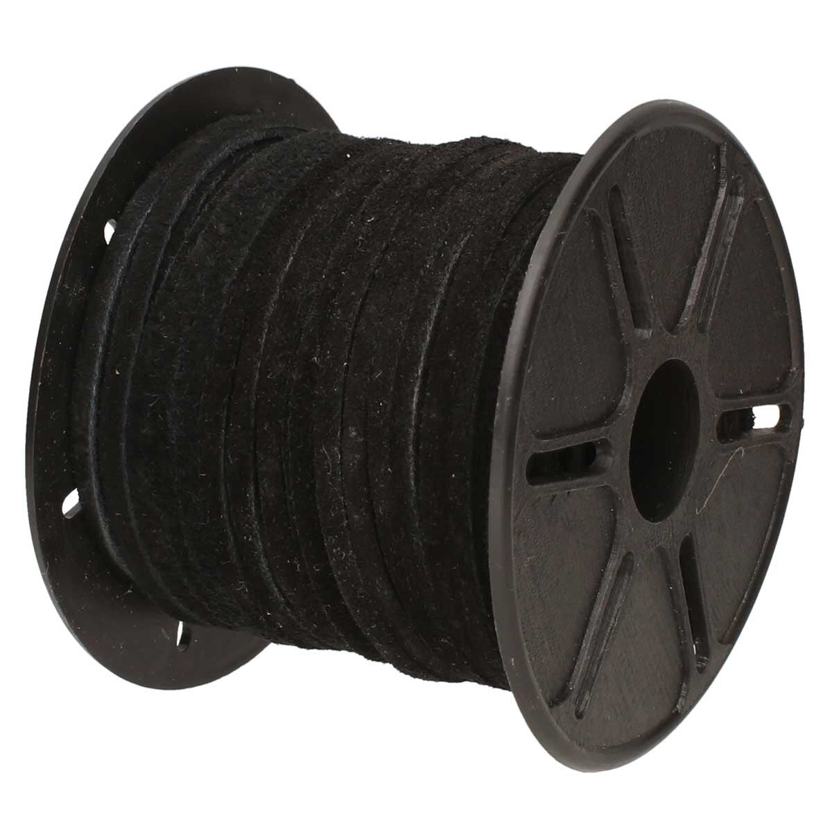 Spool of black leather suede lace on a white background