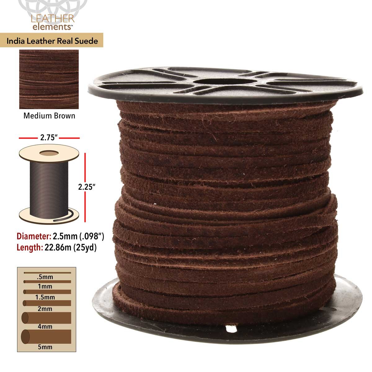 Spool of brown leather cord with specifications on a white background