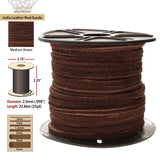 Spool of brown leather cord with specifications on a white background