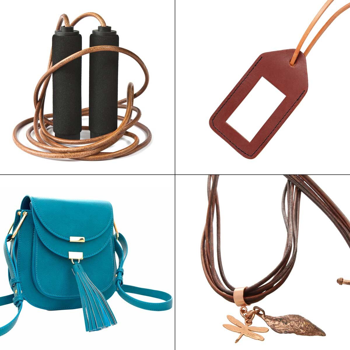 Collage of leather products including jump rope, keychain, bag, and necklace.