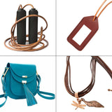 Collage of leather products including jump rope, keychain, bag, and necklace.