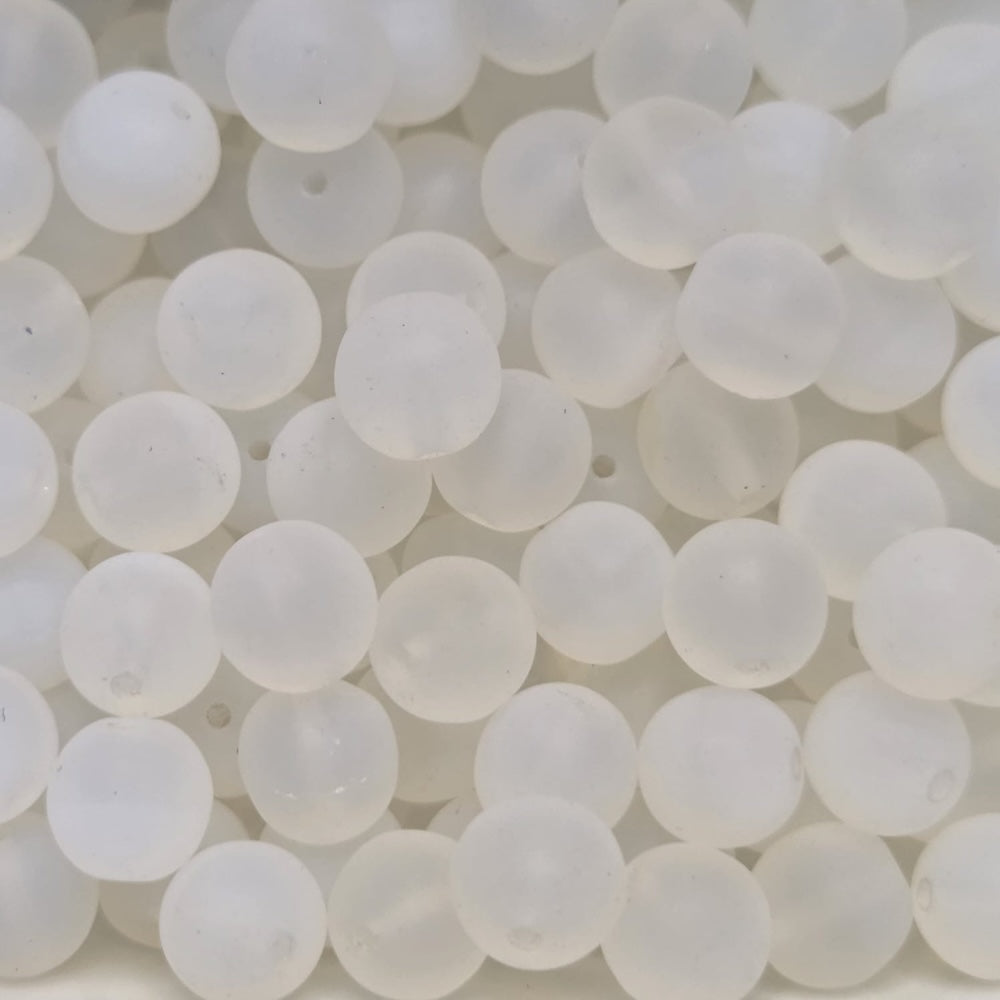 Close-up of white spherical beads on a white background