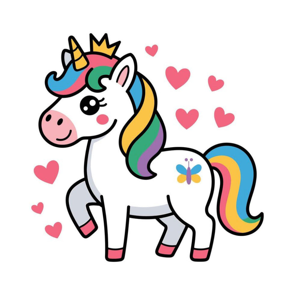 Cartoon unicorn with a rainbow mane and tail, surrounded by pink hearts on a white background.