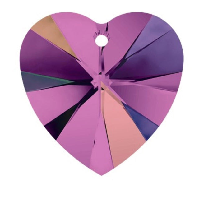 Purple Swarovski crystal heart pendant bead on a white background
