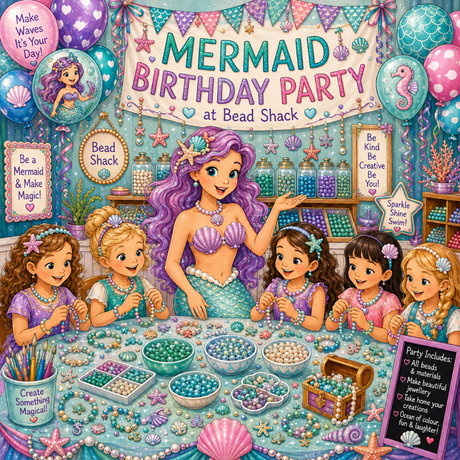 A colorful illustrated mermaid birthday party scene at Bead Shack, with a mermaid-like woman and five girls crafting beads on a table surrounded by balloons, jars, starfish decorations, and party signs.