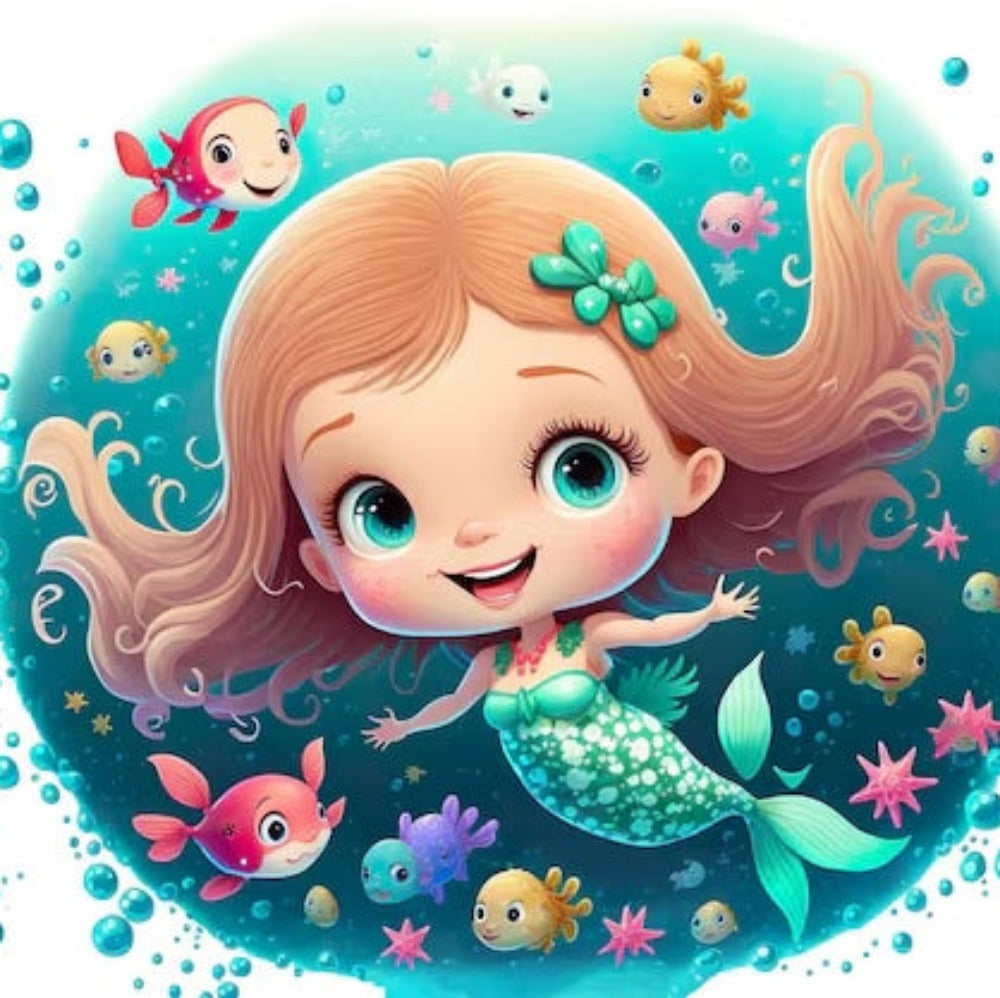 Cartoon mermaid surrounded by fish and bubbles on a blue background