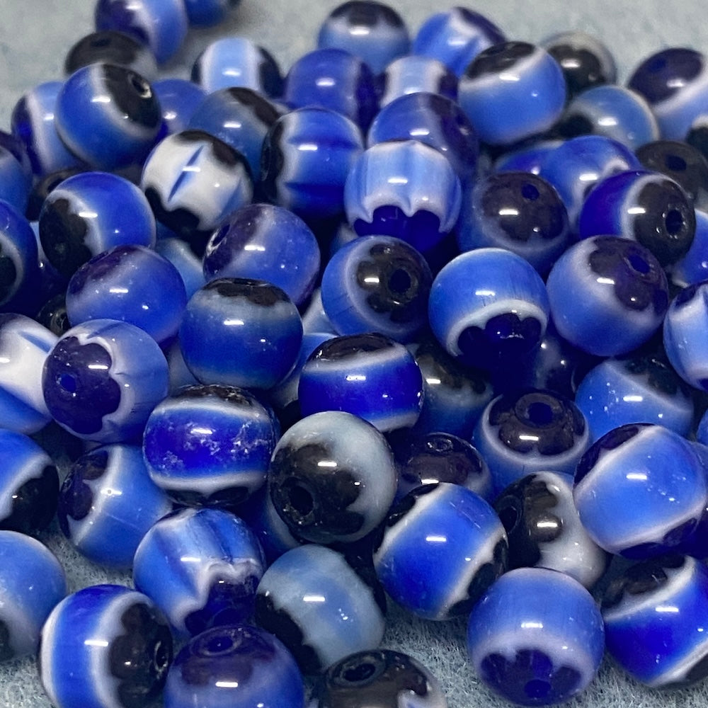 8mm Round (25)  - Blue & Blue - Vintage Chevron Glass Beads