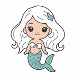 Cartoon mermaid with white hair and a green tail on a white background
