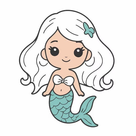 Cartoon mermaid with white hair and a green tail on a white background