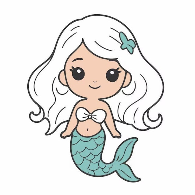 Cartoon mermaid with white hair and a green tail on a white background