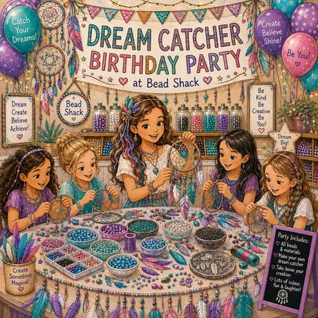 A colorful illustrated scene of four girls crafting at a table with beads, feathers, and dreamcatchers under a banner that reads 'Dream Catcher Birthday Party at Bead Shack.' There is a table showing lots of colourful beads and feathers being used for the project, with a backdrop of party balloons.