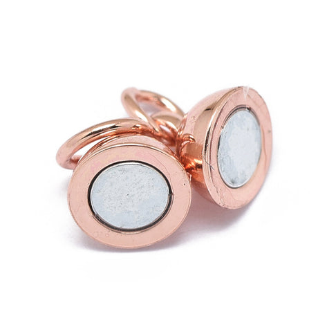close up of one rose gold magnetic clasp against a white background with an anti tarnish coating
