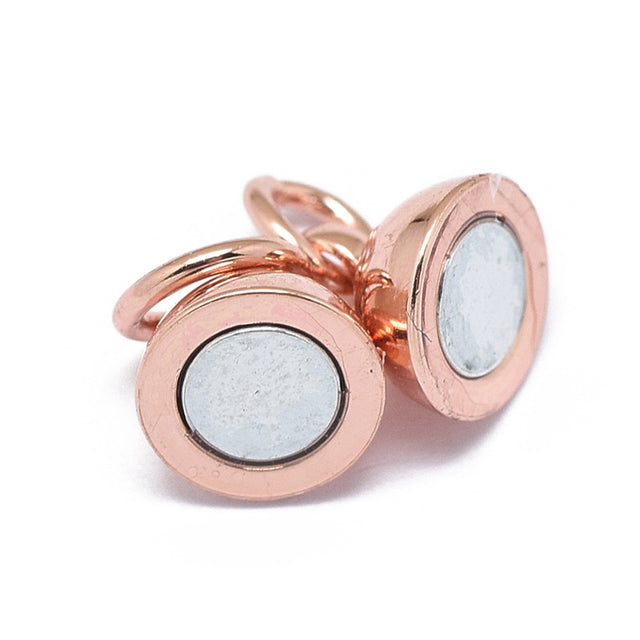 close up of one rose gold magnetic clasp against a white background with an anti tarnish coating
