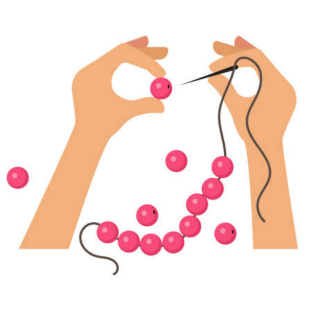 Illustration of hands threading pink beads on a string against a white background