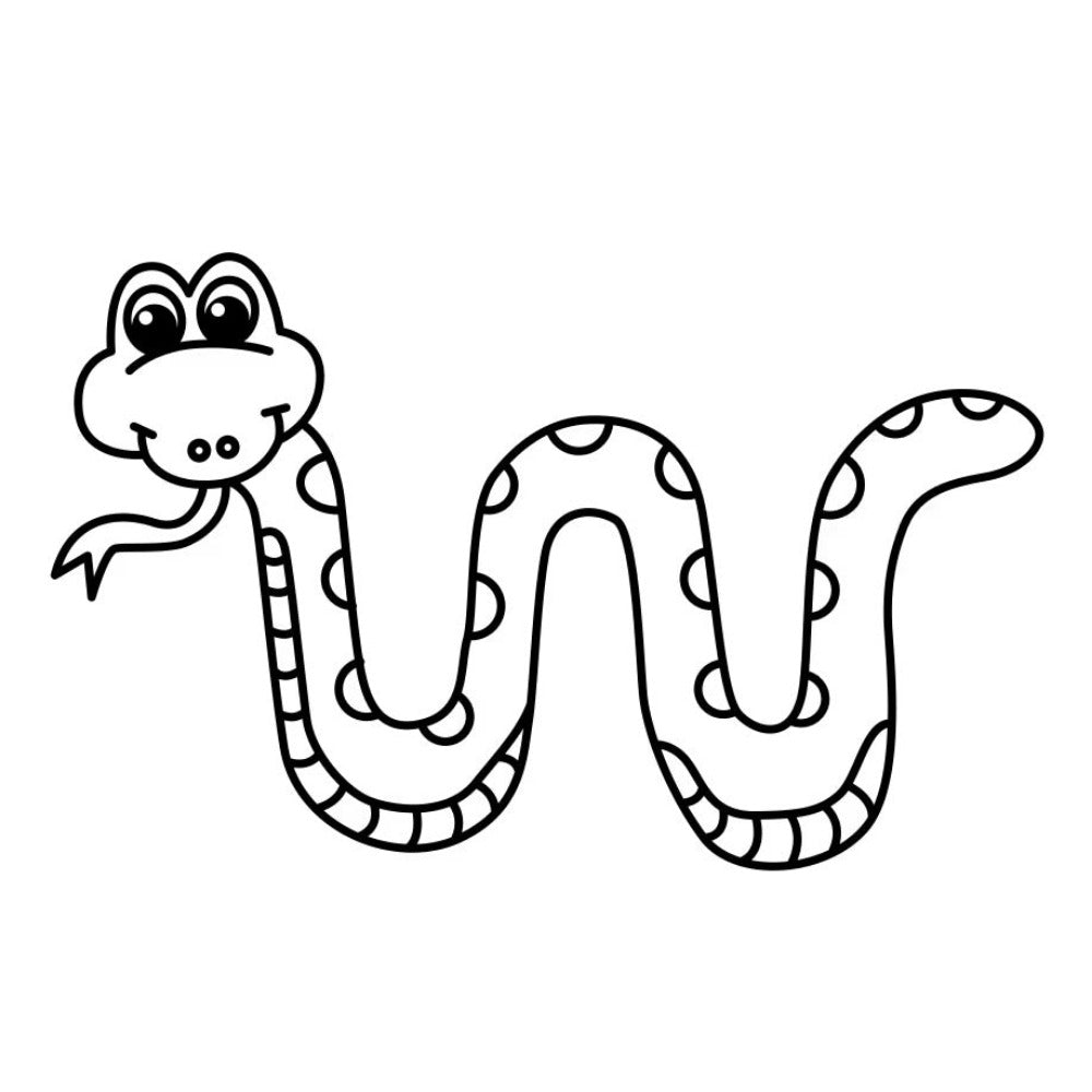Black and white line drawing of a cartoon snake on a white background