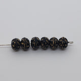 5x6mm Rondelle (25) - Black Opaque w. Gold - Vintage Czech Glass Beads