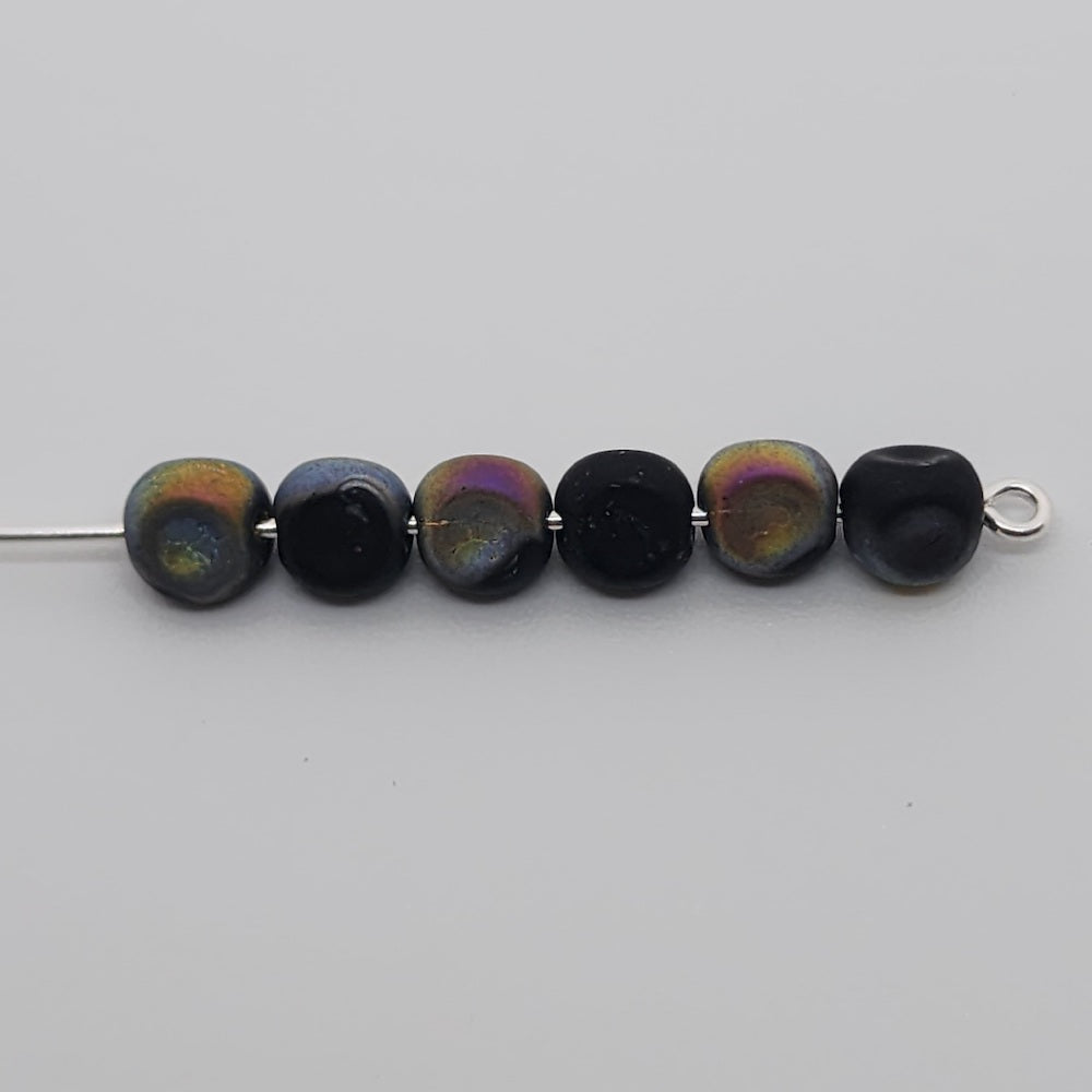 5x5mm Pinched Oval (50) - Black Opaque AB - Vintage Czech Glass Beads