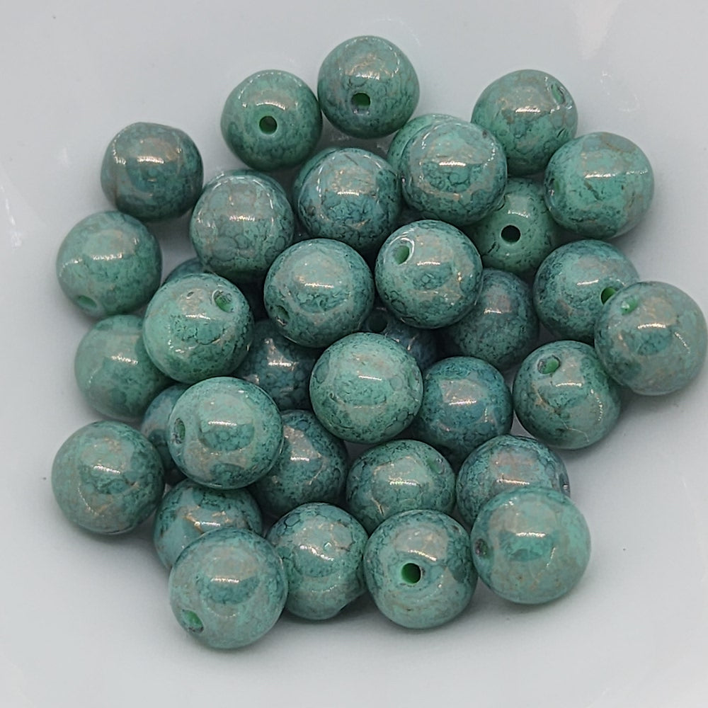 5mm Round Czech Glass Beads (25) - Green Opaque w. Bubble Glaze - Bead Shack