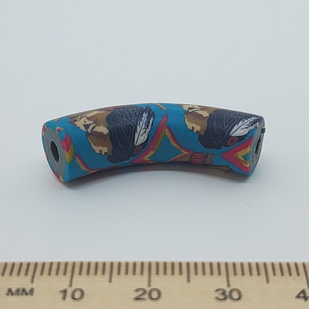 36x10mm Elbow Fimo Beads (10) - Indian Face w. Feathers