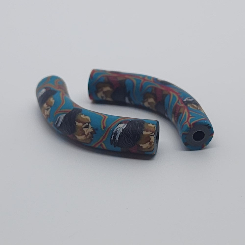 35x7mm Elbow Fimo Beads (10) - Indian Face w. Feathers